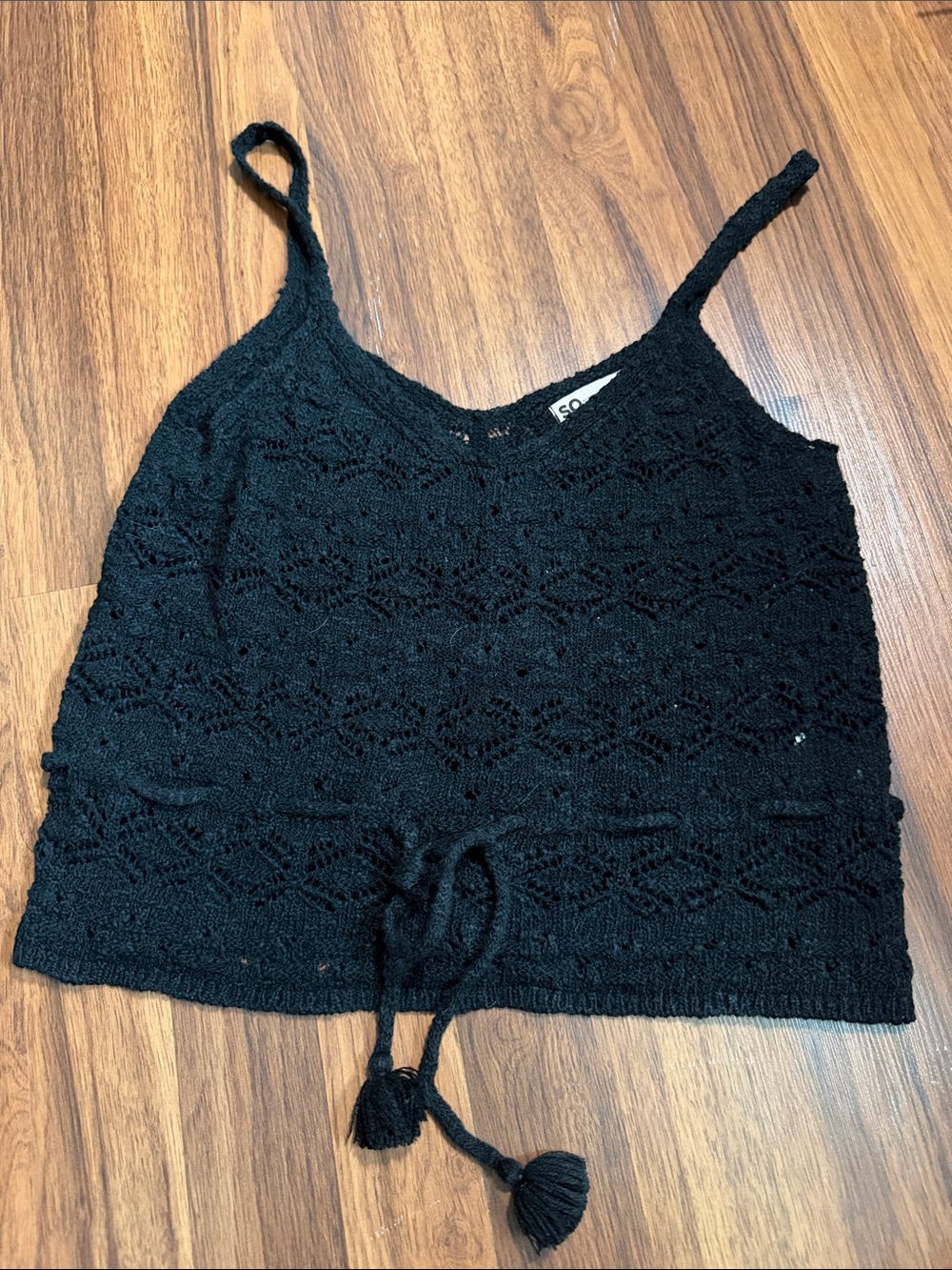 SO Black Crochet Knit Cropped Camisole with Drawstring